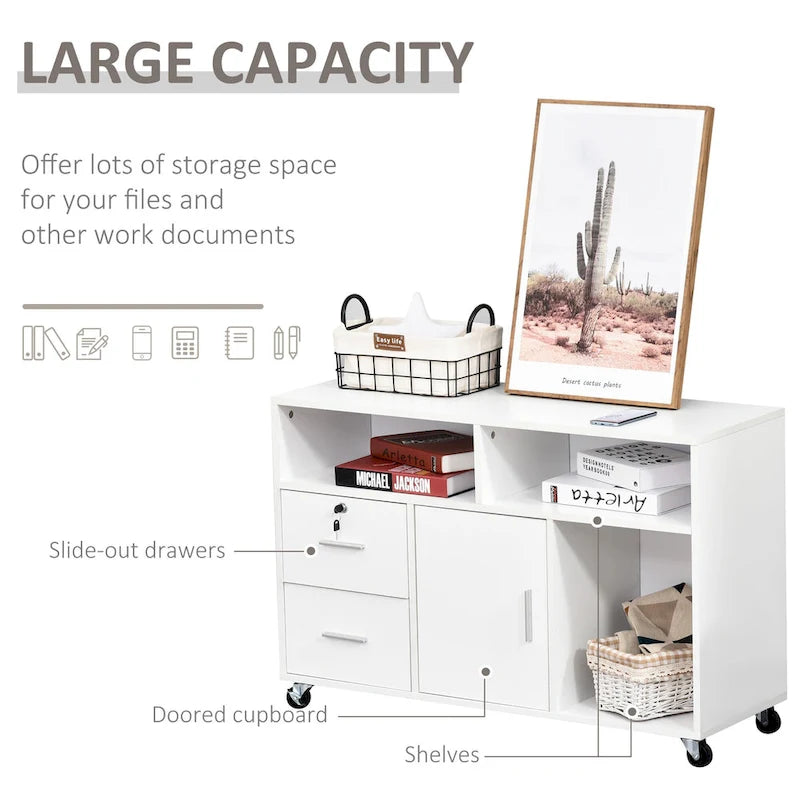 Printer Stand: Mobile Office Cabinet Organizer with Wheels and Drawer, White