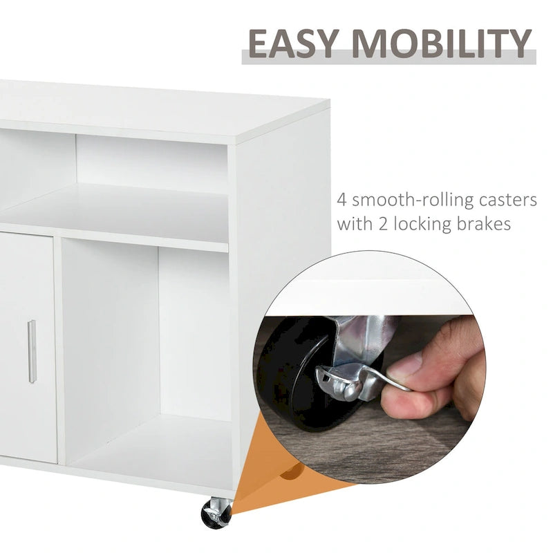 Printer Stand: Mobile Office Cabinet Organizer with Wheels and Drawer, White