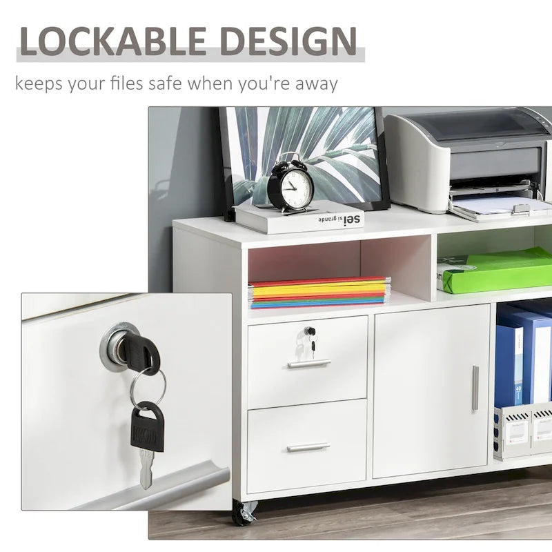 Printer Stand: Mobile Office Cabinet Organizer with Wheels and Drawer, White