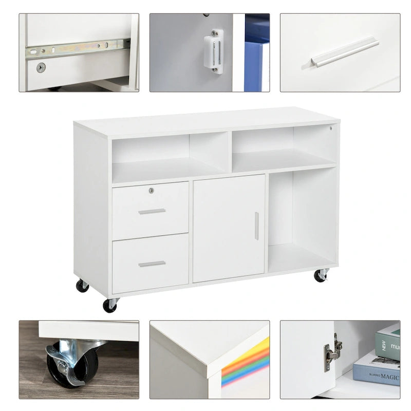 Printer Stand: Mobile Office Cabinet Organizer with Wheels and Drawer, White