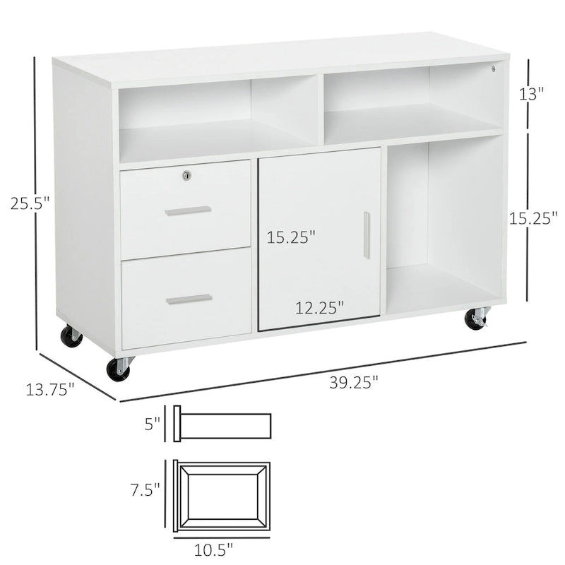 Printer Stand: Mobile Office Cabinet Organizer with Wheels and Drawer, White