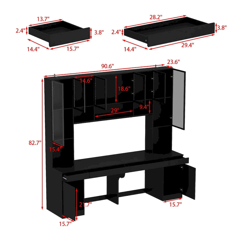 90.6W Spacious Double Desk Workstation w/Ample Storage for Two Table