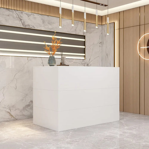 55,9-Zoll-Empfangsschreibtisch in L-Form aus schwarz oder weiß marmoriertem Holz