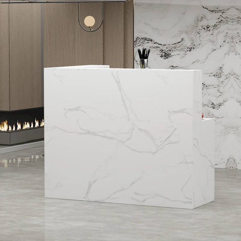 55.9-inch L-shaped Black or White Marbled Wood Reception Desk