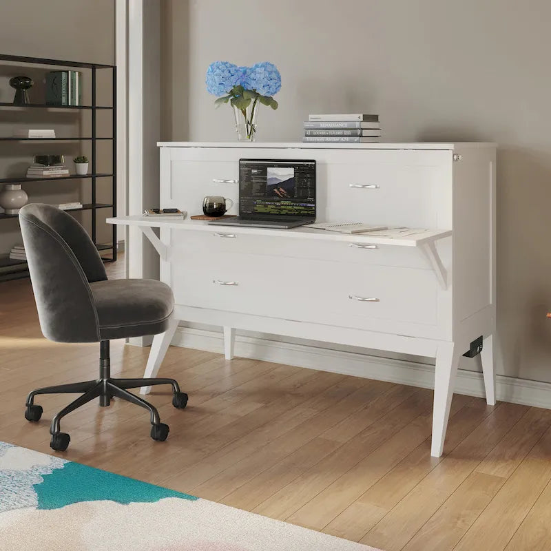 Full Murphy Bed Desk with Mattress in White