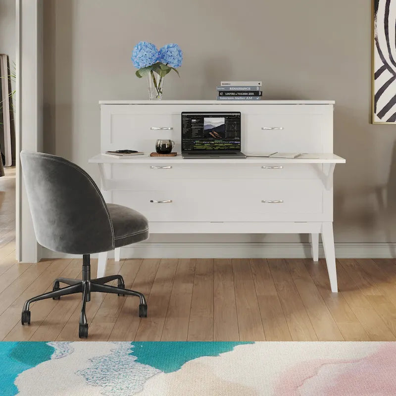 Full Murphy Bed Desk with Mattress in White