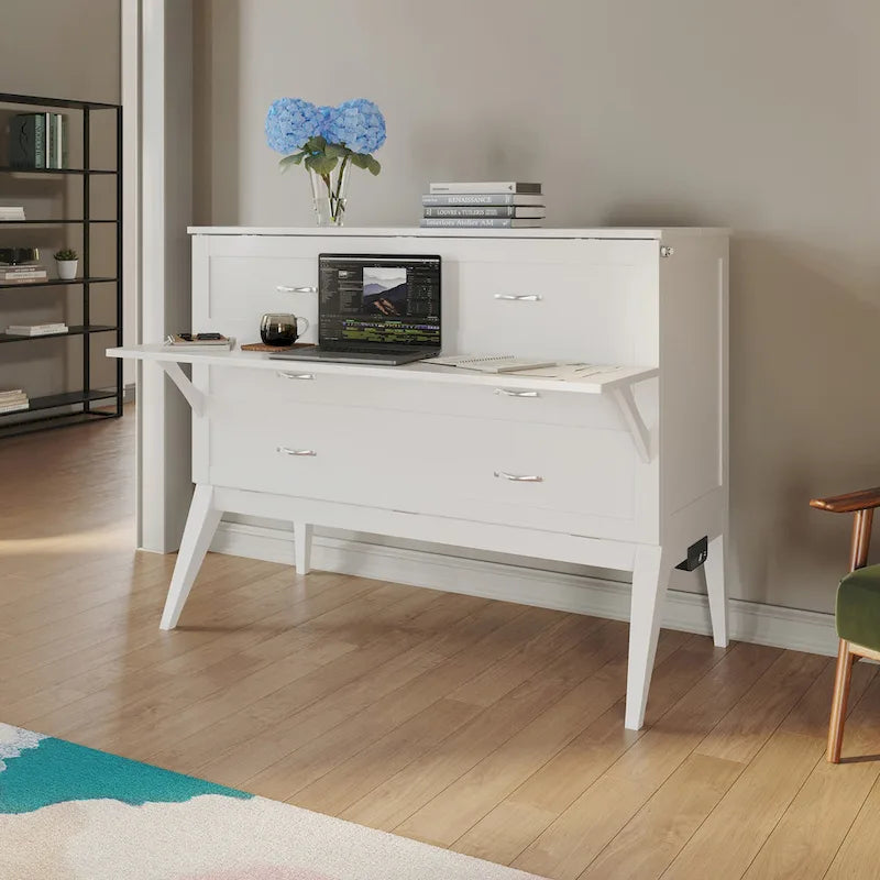 Full Murphy Bed Desk with Mattress in White