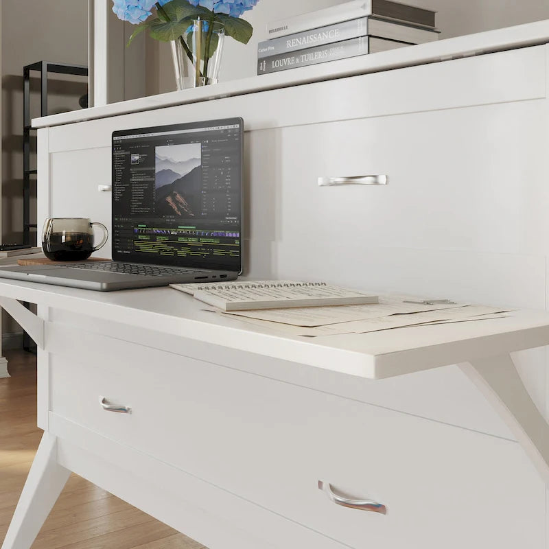 Full Murphy Bed Desk with Mattress in White