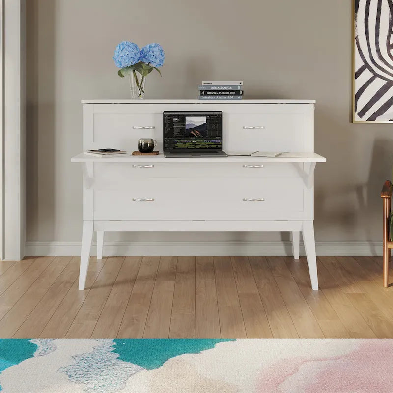 Full Murphy Bed Desk with Mattress in White