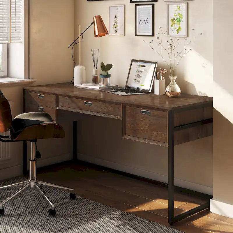 SOLID ACACIA WOOD Modern Industrial 60 inch Wide Desk in Rustic Natural Aged Brown