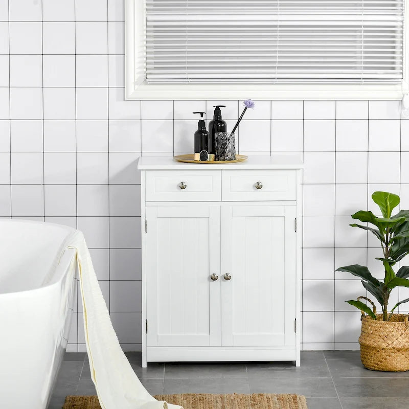 Freestanding Bathroom Storage Cabinet Organizer Floor Tower with 2 Door, 2 Drawers, Adjustable Shelf, White