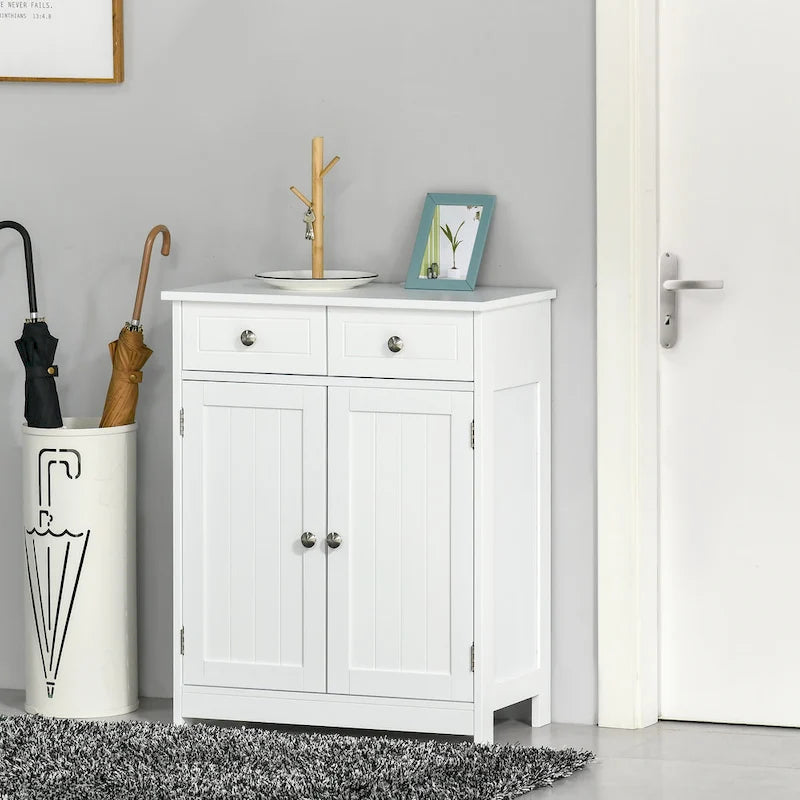 Freestanding Bathroom Storage Cabinet Organizer Floor Tower with 2 Door, 2 Drawers, Adjustable Shelf, White