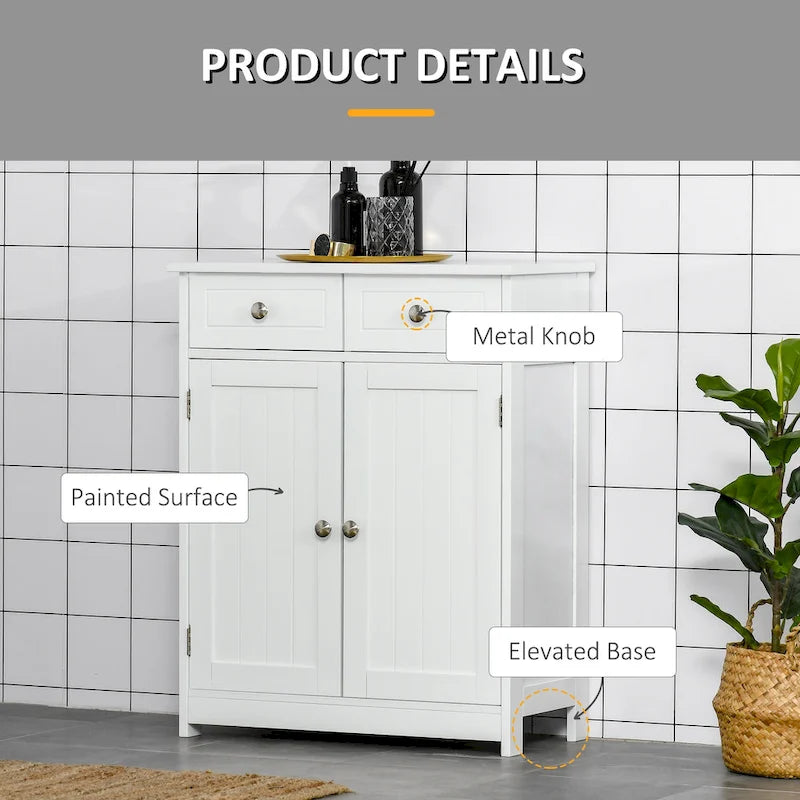 Freestanding Bathroom Storage Cabinet Organizer Floor Tower with 2 Door, 2 Drawers, Adjustable Shelf, White