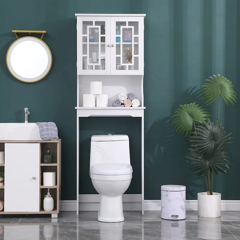 Over-The-Toilet Storage, Wooden Bathroom Organizer, with 2 Glass Doors & Adjustable Shelf for Bathroom