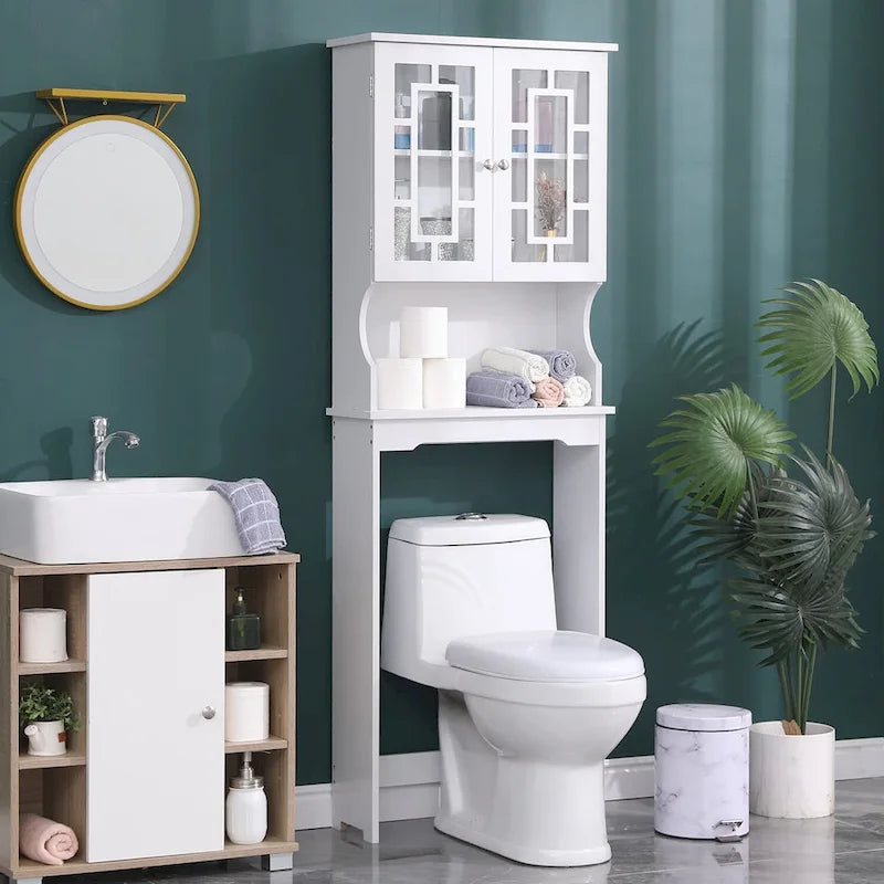 Over-The-Toilet Storage, Wooden Bathroom Organizer, with 2 Glass Doors & Adjustable Shelf for Bathroom