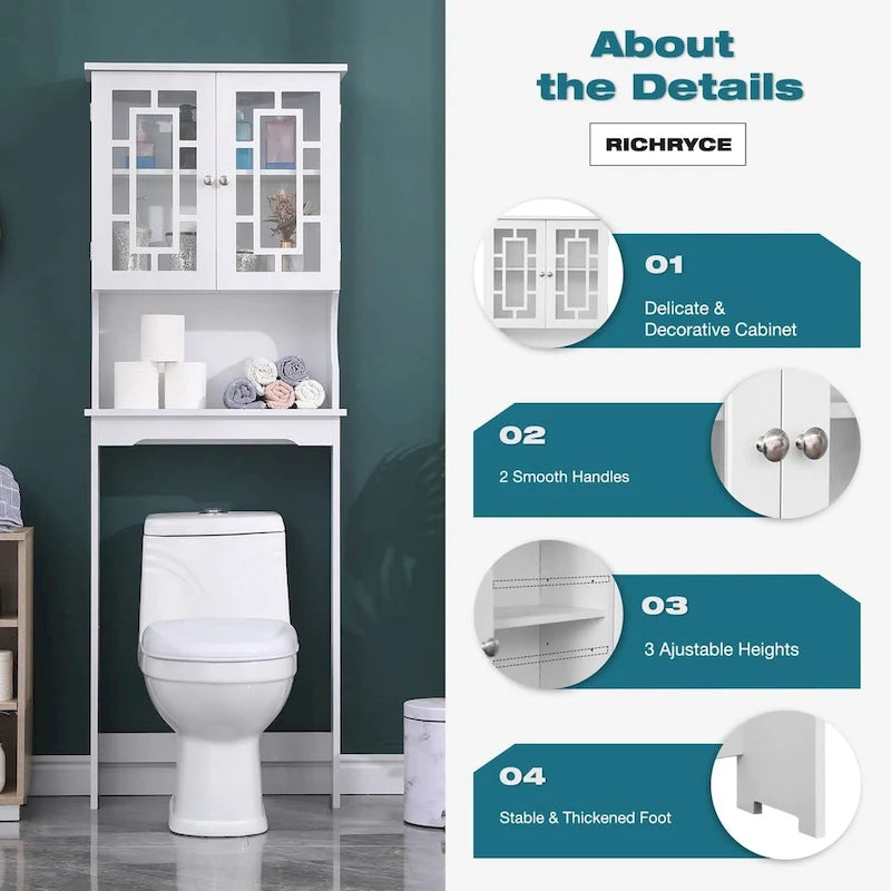 Over-The-Toilet Storage, Wooden Bathroom Organizer, with 2 Glass Doors & Adjustable Shelf for Bathroom