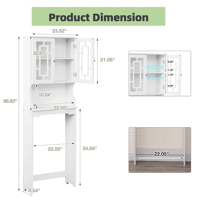 Over-The-Toilet Storage, Wooden Bathroom Organizer, with 2 Glass Doors & Adjustable Shelf for Bathroom