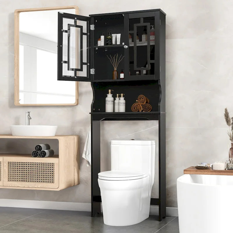 Over-The-Toilet Storage, Wooden Bathroom Organizer, with 2 Glass Doors & Adjustable Shelf for Bathroom