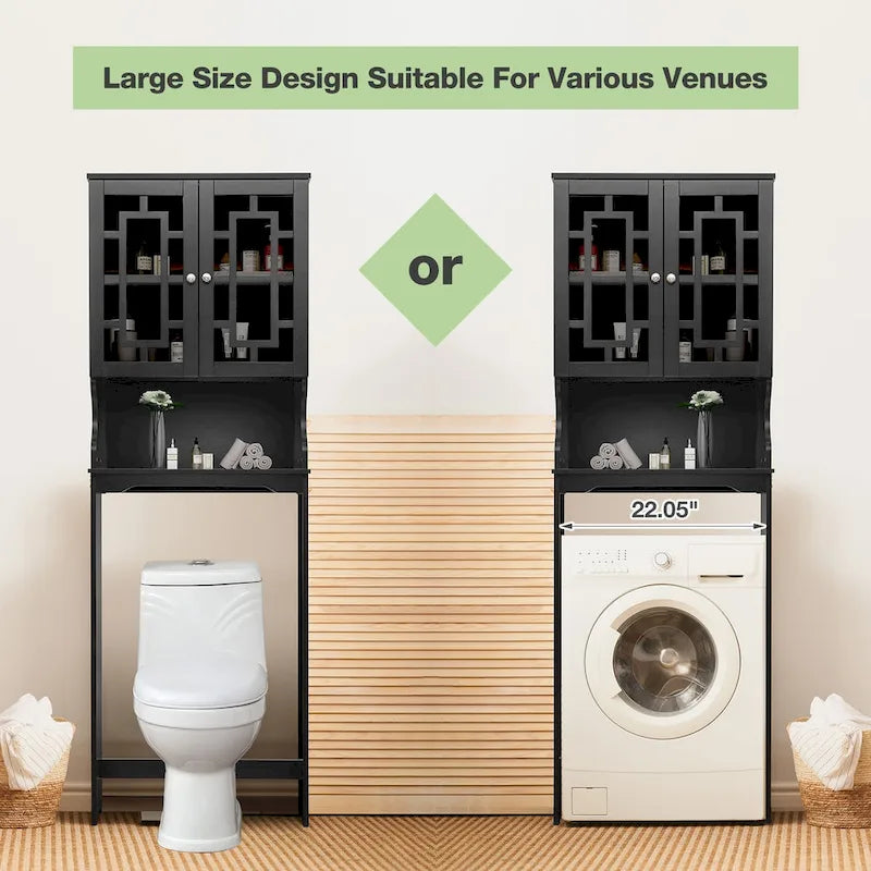 Over-The-Toilet Storage, Wooden Bathroom Organizer, with 2 Glass Doors & Adjustable Shelf for Bathroom