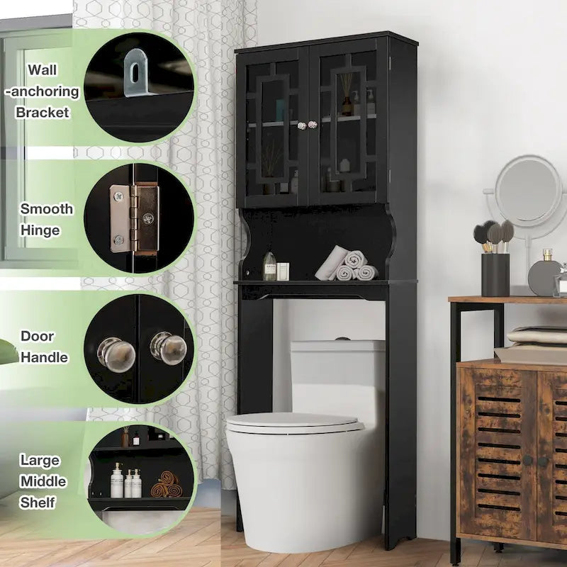 Over-The-Toilet Storage, Wooden Bathroom Organizer, with 2 Glass Doors & Adjustable Shelf for Bathroom
