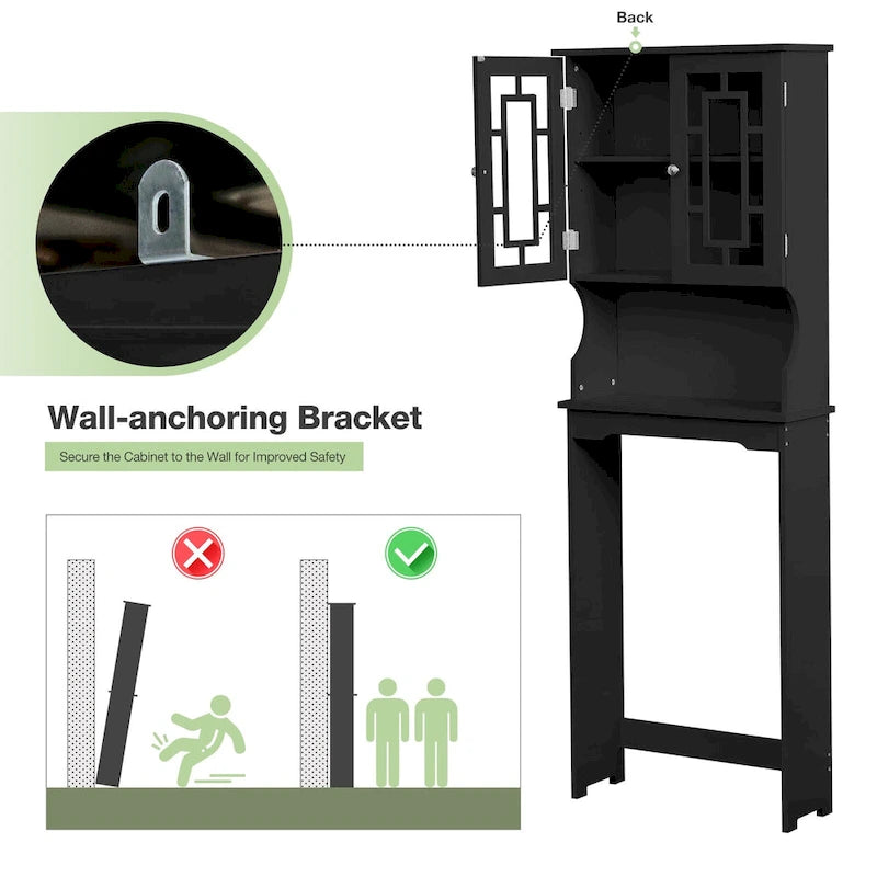 Over-The-Toilet Storage, Wooden Bathroom Organizer, with 2 Glass Doors & Adjustable Shelf for Bathroom