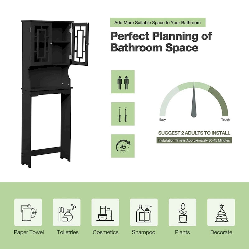 Over-The-Toilet Storage, Wooden Bathroom Organizer, with 2 Glass Doors & Adjustable Shelf for Bathroom