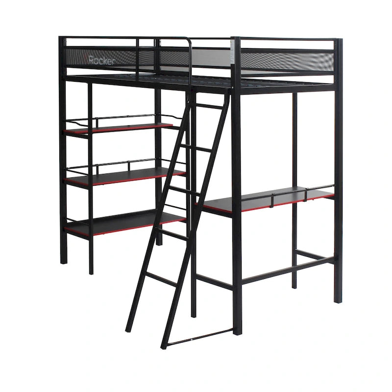 Black Gaming Bunk w/ Built-in Desk and Shelves