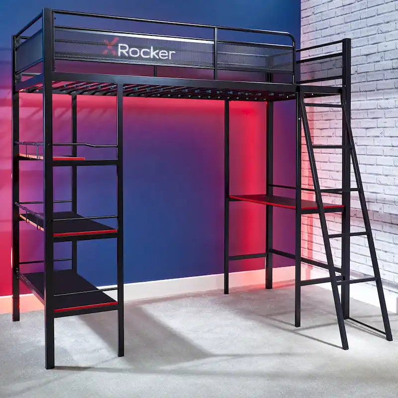 Black Gaming Bunk w/ Built-in Desk and Shelves