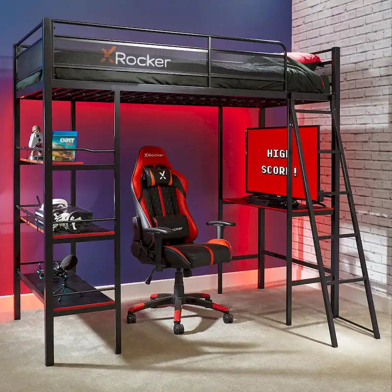 Black Gaming Bunk w/ Built-in Desk and Shelves