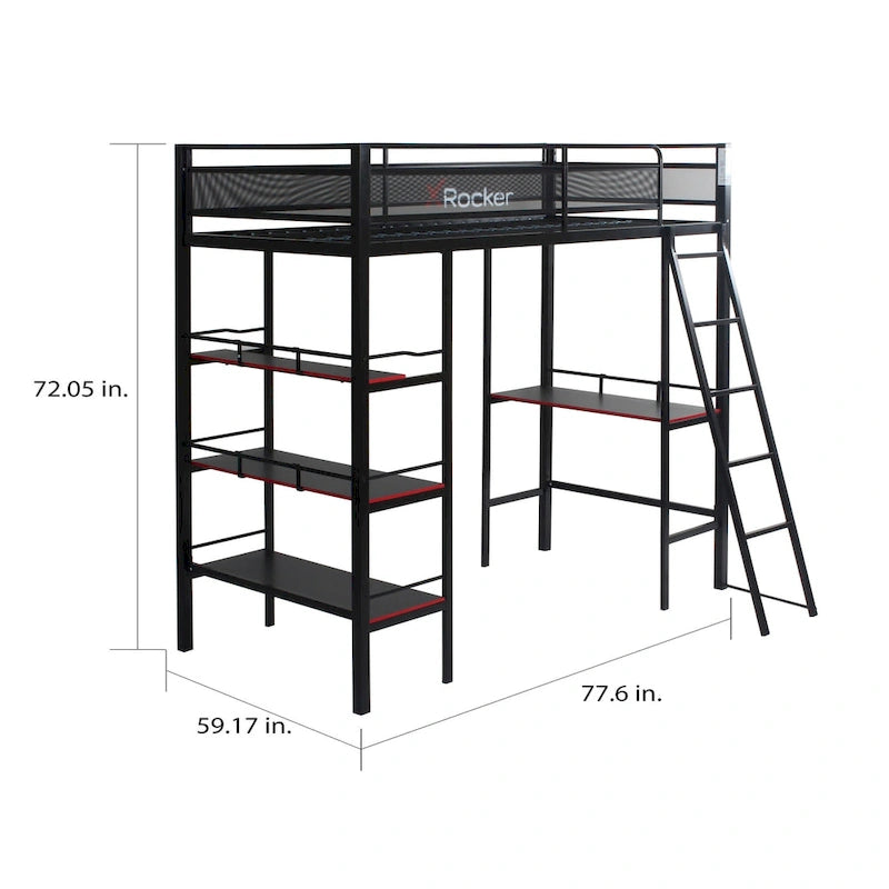 Black Gaming Bunk w/ Built-in Desk and Shelves