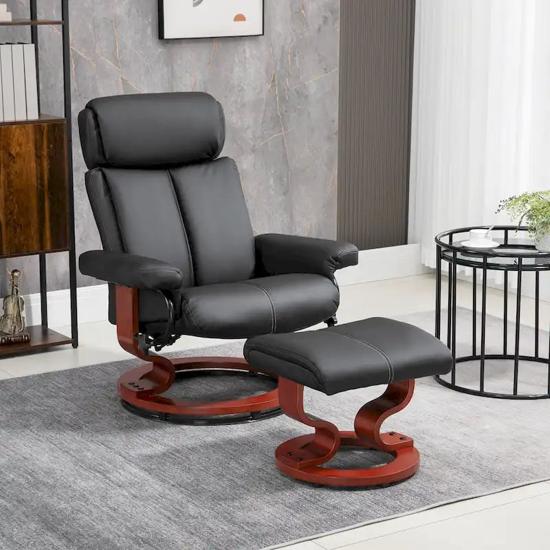 Recliner Chair with Ottoman, 360 Swivel Reclining Chair with Wood Base and Matching Footrest, Black