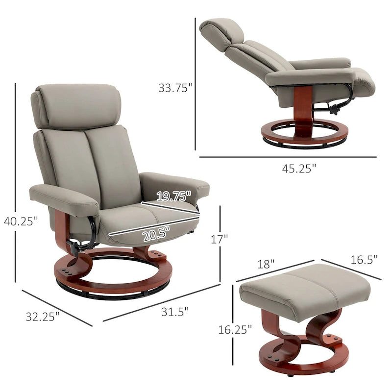Recliner Chair with Ottoman, 360 Swivel Reclining Chair with Wood Base and Matching Footrest, Black