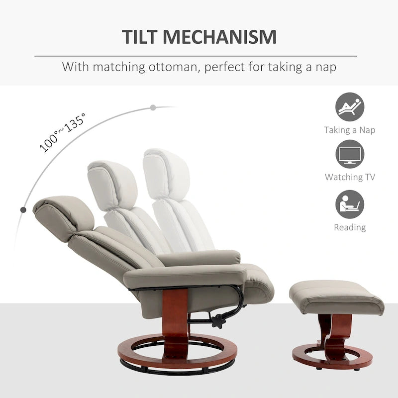 Recliner Chair with Ottoman, 360 Swivel Reclining Chair with Wood Base and Matching Footrest, Black
