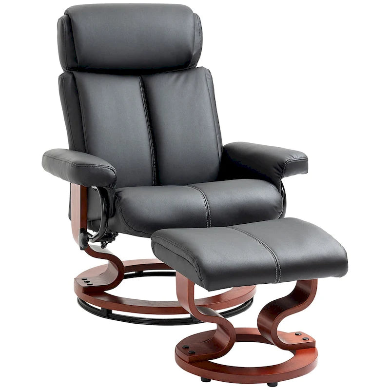 Recliner Chair with Ottoman, 360 Swivel Reclining Chair with Wood Base and Matching Footrest, Black