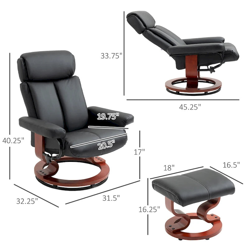 Recliner Chair with Ottoman, 360 Swivel Reclining Chair with Wood Base and Matching Footrest, Black
