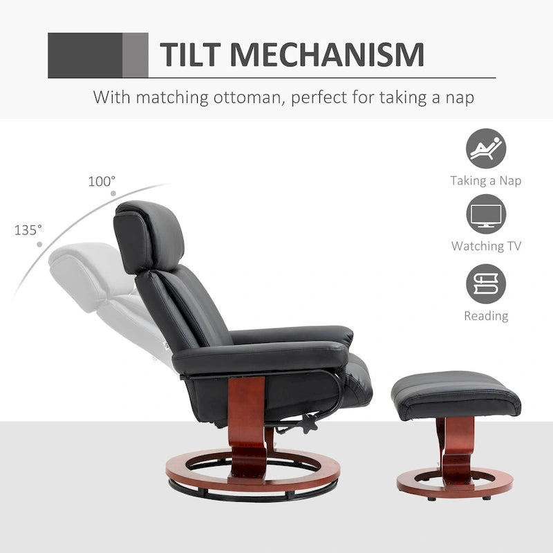 Recliner Chair with Ottoman, 360 Swivel Reclining Chair with Wood Base and Matching Footrest, Black
