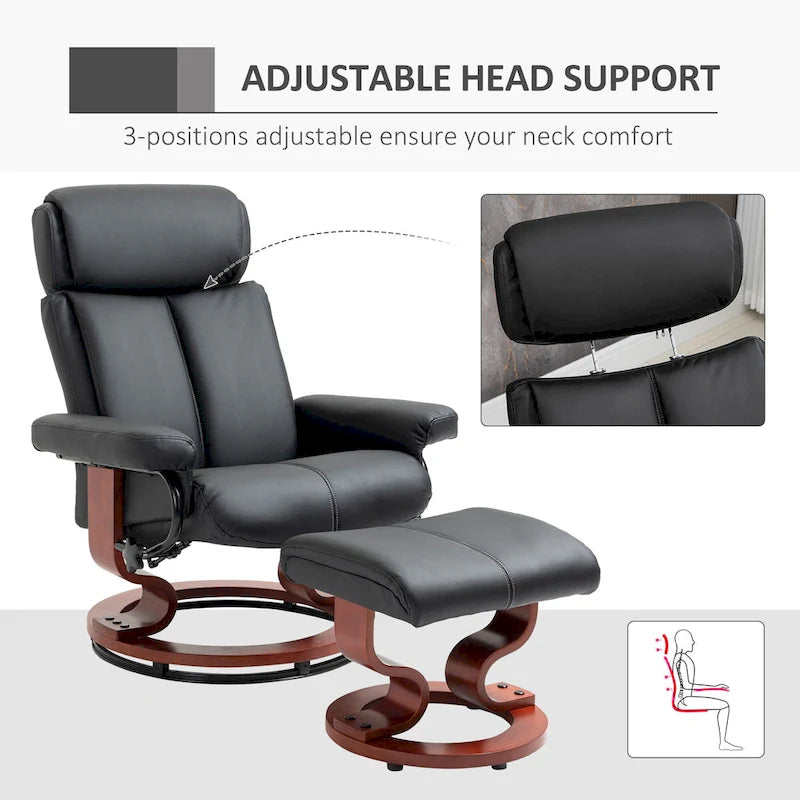 Recliner Chair with Ottoman, 360 Swivel Reclining Chair with Wood Base and Matching Footrest, Black