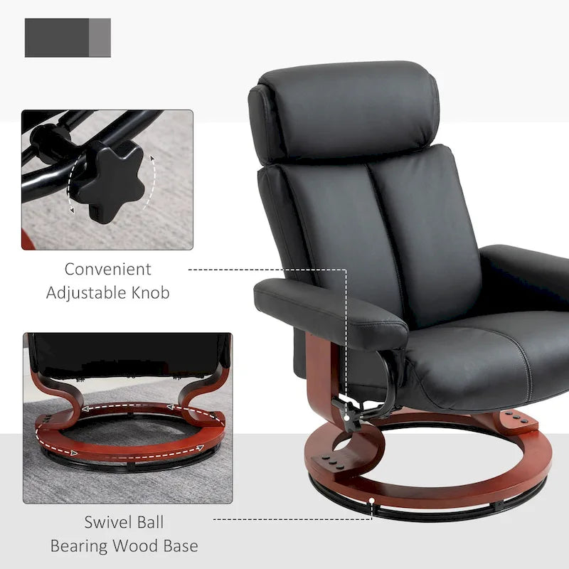 Recliner Chair with Ottoman, 360 Swivel Reclining Chair with Wood Base and Matching Footrest, Black