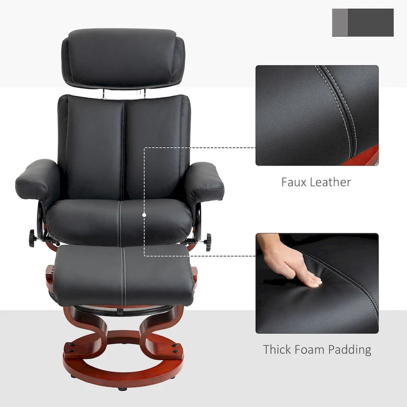 Recliner Chair with Ottoman, 360 Swivel Reclining Chair with Wood Base and Matching Footrest, Black