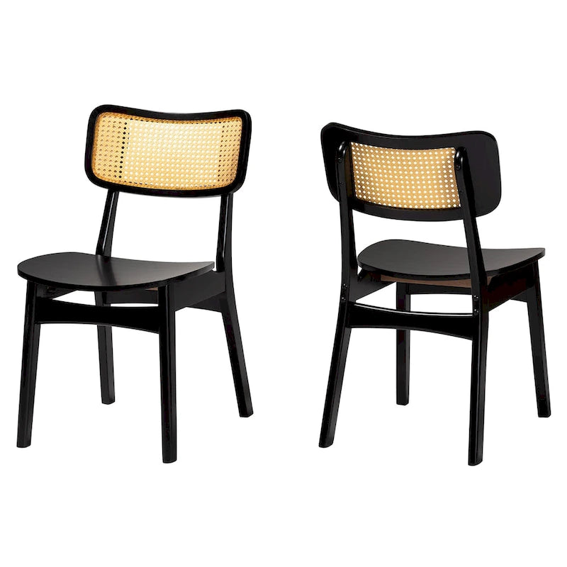 Mid-Century Modern Wood and Rattan 2-Piece Dining Chair Set