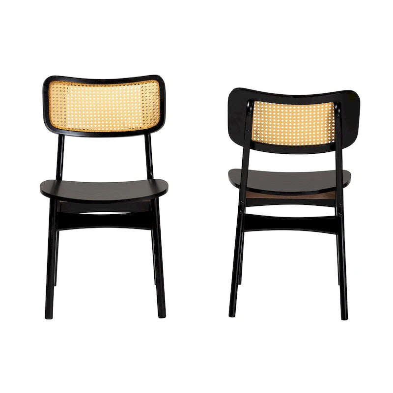 Mid-Century Modern Wood and Rattan 2-Piece Dining Chair Set