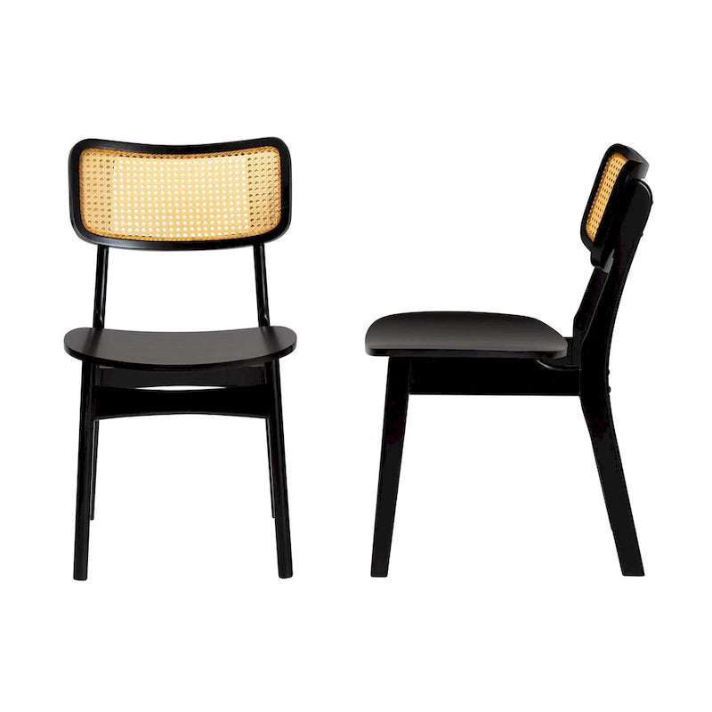 Mid-Century Modern Wood and Rattan 2-Piece Dining Chair Set