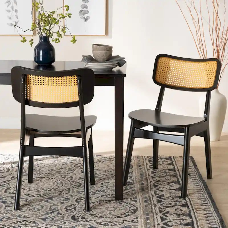 Mid-Century Modern Wood and Rattan 2-Piece Dining Chair Set