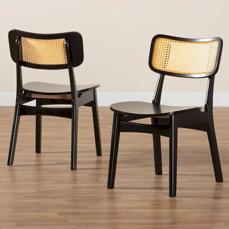 Mid-Century Modern Wood and Rattan 2-Piece Dining Chair Set