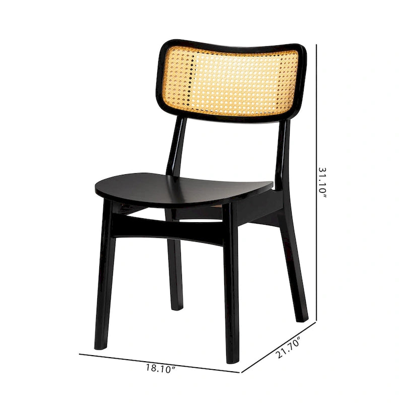 Mid-Century Modern Wood and Rattan 2-Piece Dining Chair Set