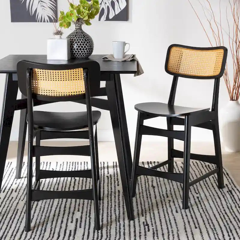 Mid-Century Modern Wood and Rattan 2-Piece Dining Chair Set