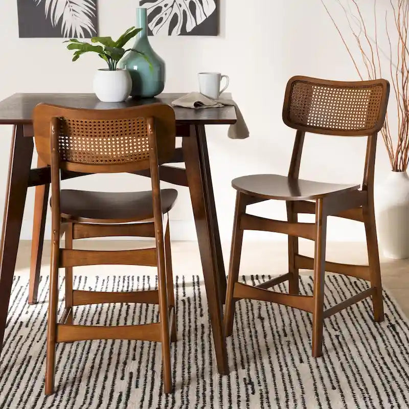 Mid-Century Modern Wood and Rattan 2-Piece Dining Chair Set