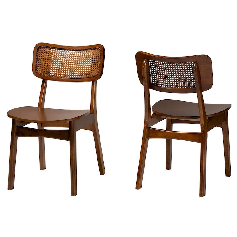 Mid-Century Modern Wood and Rattan 2-Piece Dining Chair Set