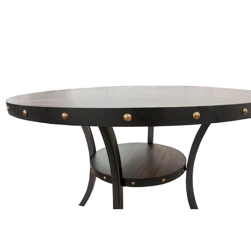 48 Inch Dining Table, Round Nailhead Trim Top with Shelf, Black Wood