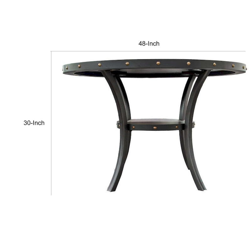 48 Inch Dining Table, Round Nailhead Trim Top with Shelf, Black Wood